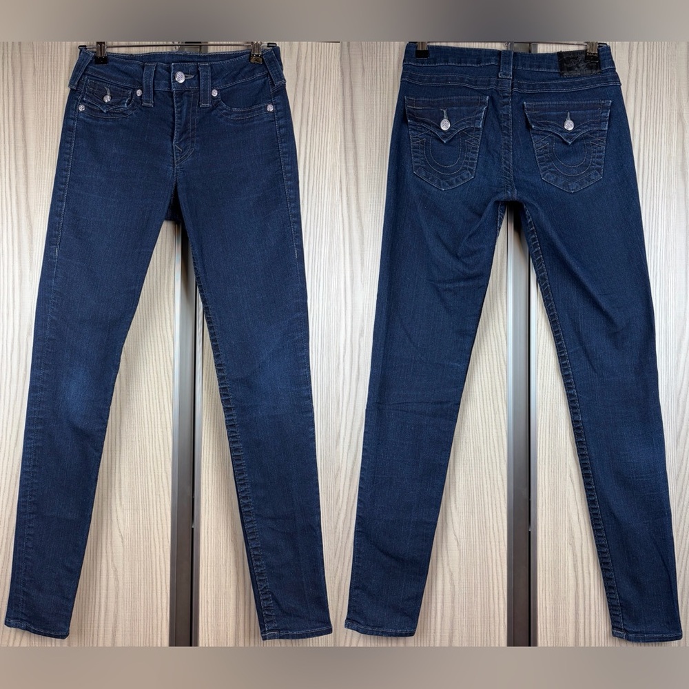 NWOT True Religion ‘SERENA’ Super Skinny Jeans ~ in Blue w/ Crystal Buttons ~ 28